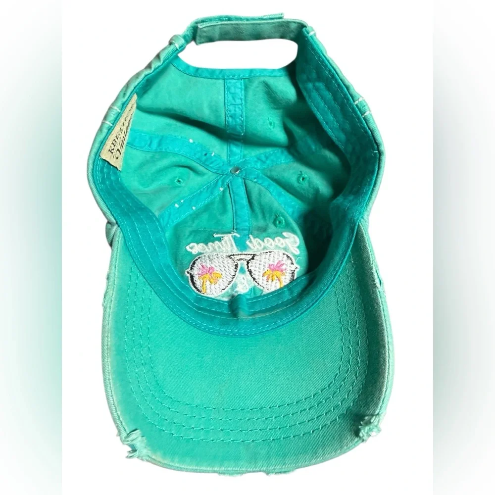 Good times & tan lines  🕶️🌴☀️distressed hat in aqua blue green with sunglasses